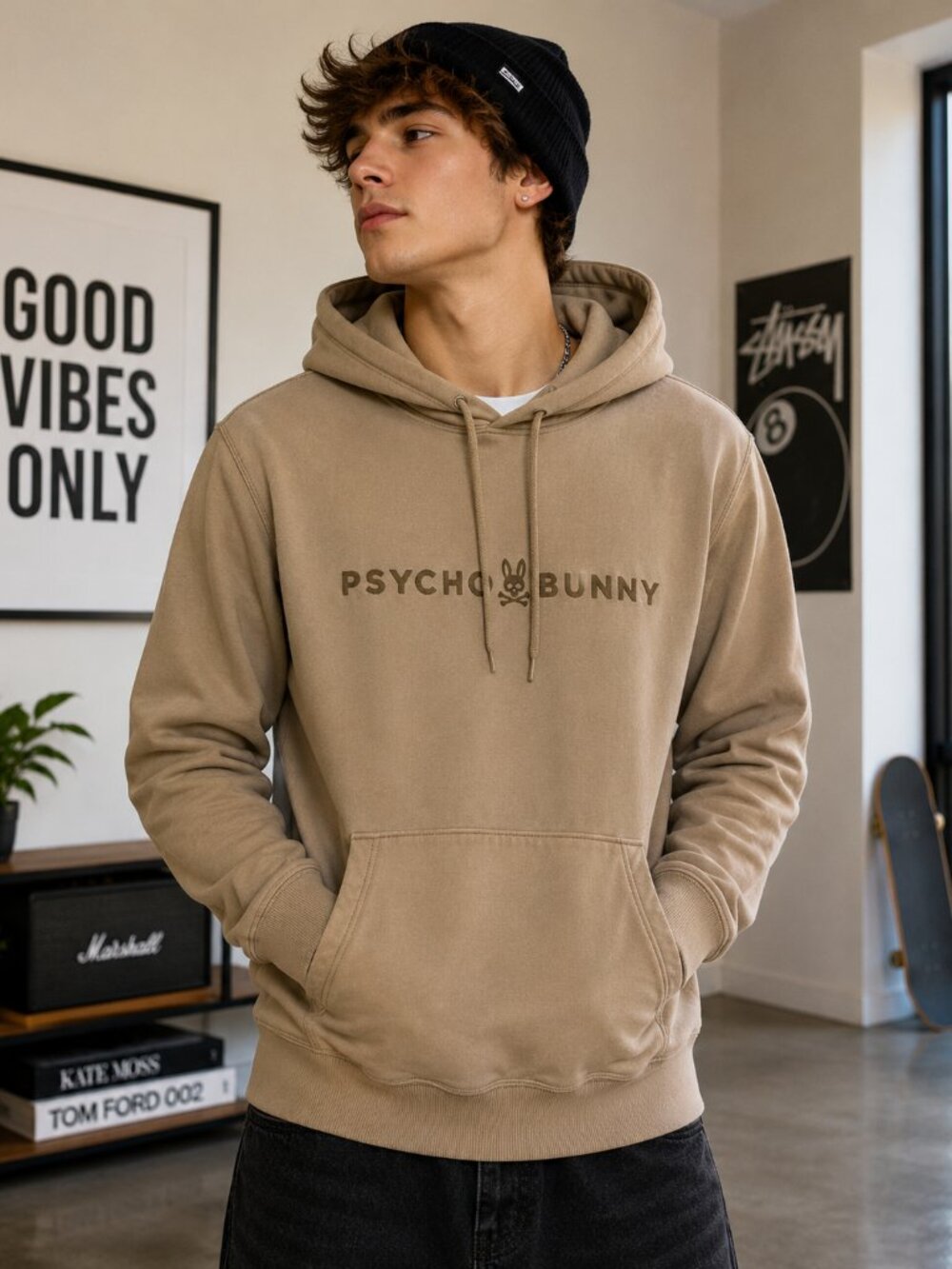 Psycho Bunny Pullover Hoodie – Men's Small – Taupe/Stone – Premium Casual Sweat